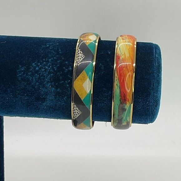 Set of 2 Rustic Cuff Colorful Geometric Patterned Bangles - Picture 1 of 4